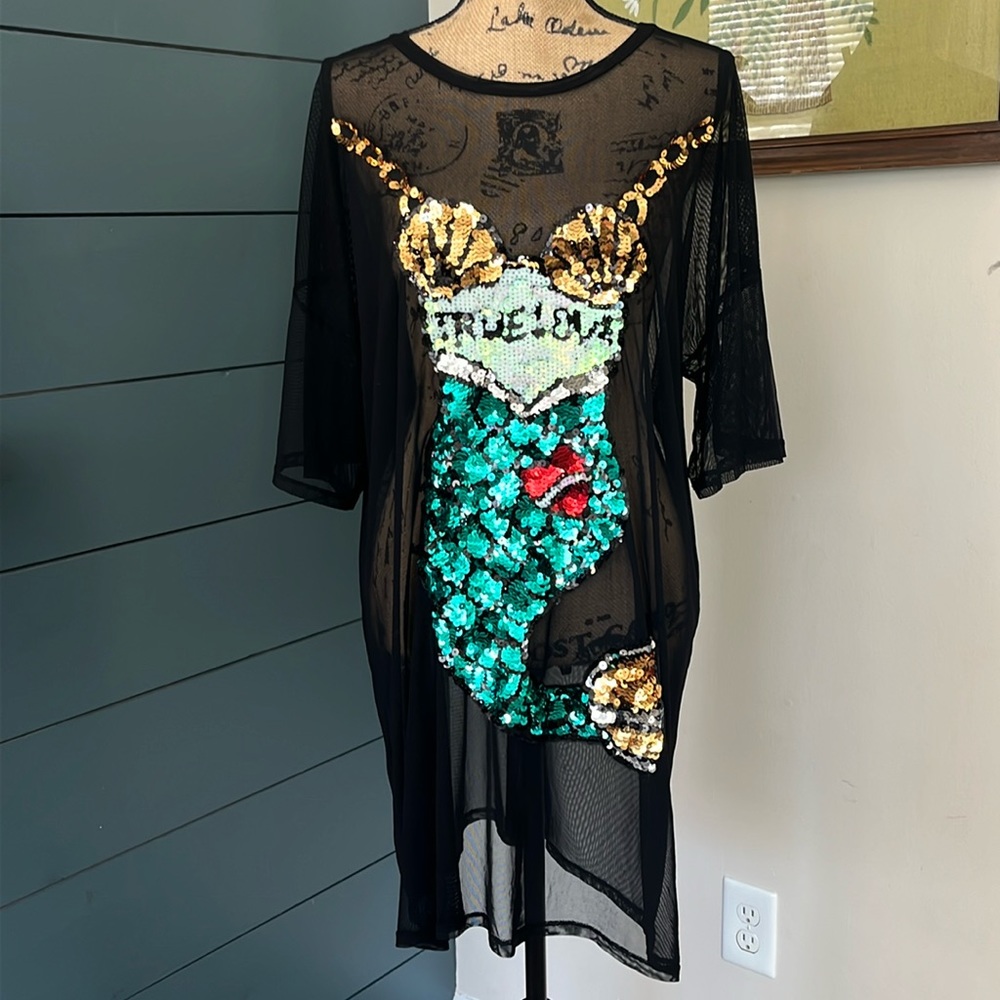 Sequin Mesh Black Multicolor Mermaid Bathing Suit Cover Up